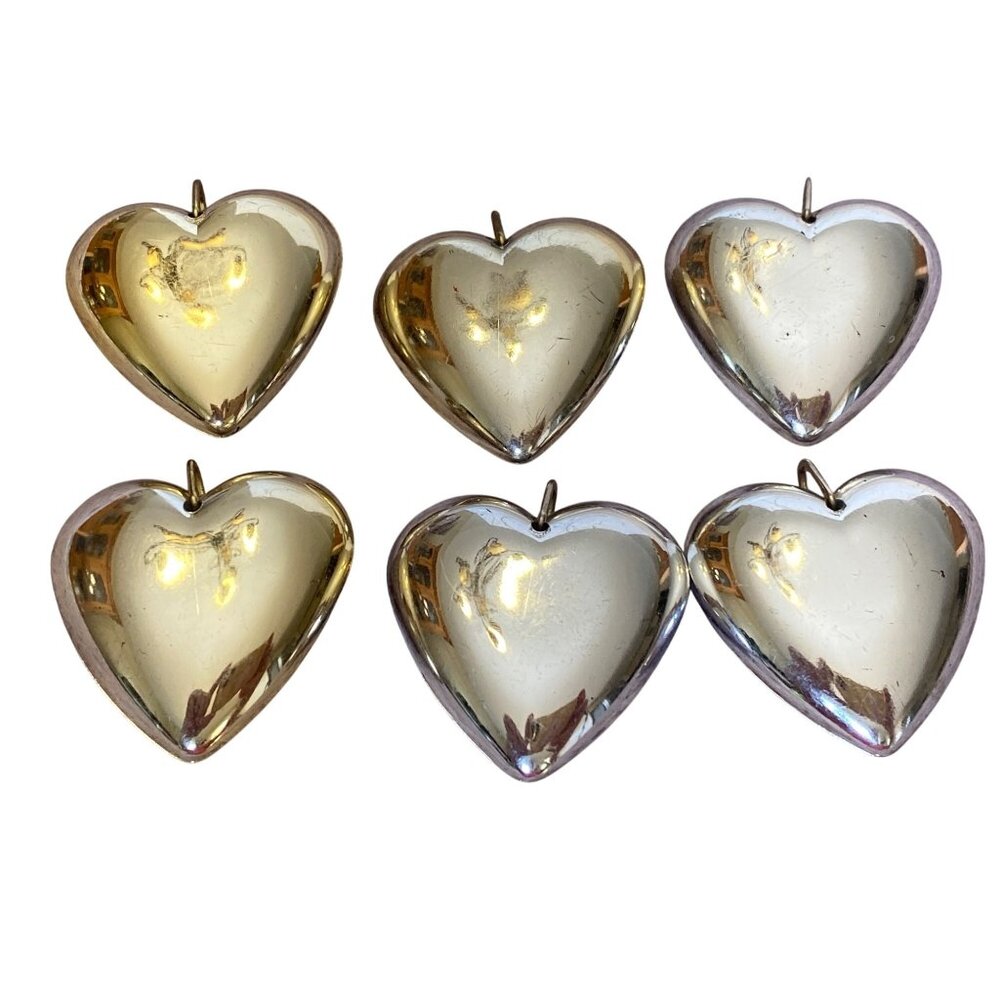 Heart Big Puffy Ornament Charm Pendant Faux Silver Gold Lot of 6 VTG